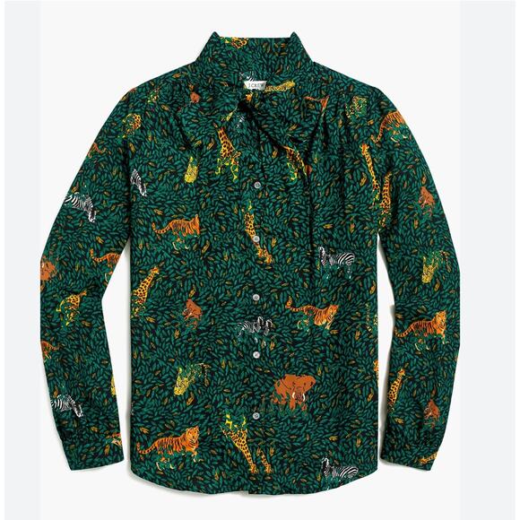 J. Crew Sheer Animals Drapey Bow Tie Jungle Safari Cat Blouse Top Green Medium - Picture 1 of 9